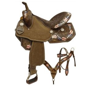 Ensemble de selle de cheval western avec drapeau américain, 100% cuir de vache véritable de qualité supérieure, accents de patch USA, têtière, collier de poitrail - Product Image 1