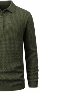 Suéter Polo de Punto Waffle para Hombre, Manga Larga, Cuello con Botones, Informal, para Invierno, Color Verde Oliva, para Venta al por Mayor y Suministro a Granel - Product Image 4