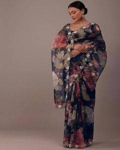 Algodón Organza Party Wear Sari con encaje de flores y blusa - Product Image 1