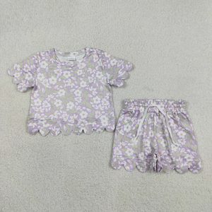 GSSO3265 RTS Scallop Flowers Purple Short Sleeve Shorts Girls Set - Product Image 1