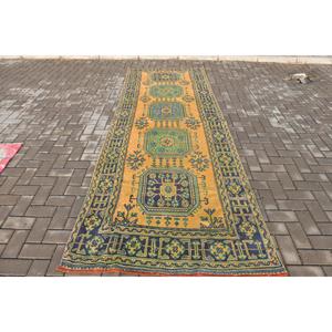 Alfombra Turca Vintage, Alfombra de Lana con Borde Azul de 4.1x11.5 pies - Product Image 1