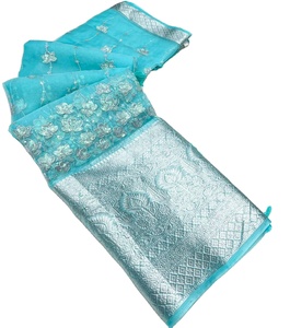 Bollywood hermoso Sari de seda de organza suave con borde elegante y blusa de trabajo completamente bordada ropa india y paquistaní - Product Image 1