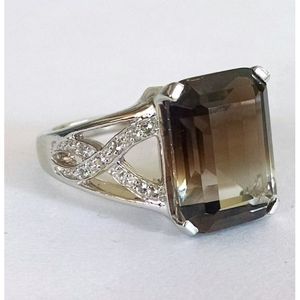 925 Sterling <b>Silver</b> Shah Gems Solitaire <b>Ring</b> for Women Natural Smoky Quartz White Topaz <b>Emerald</b> Cut Rhodium Everyday Wear - Product Image 1