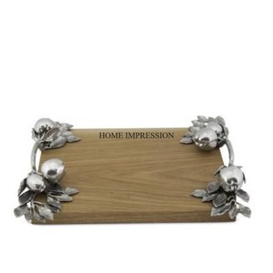 Pomme et feuilles Designer aluminium coulé couleur argent brillant poli poignées forme Rectangle moderne créatif Art plateau en bois - Product Image 1