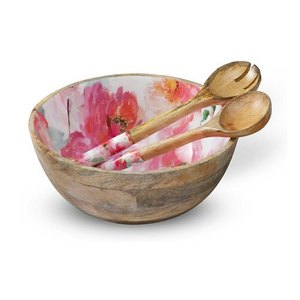 ชามเสิร์ฟทรงลึกทำจากไม้พิมพ์ลายดอกไม้ทาสีด้วยมือ - Product Image 1