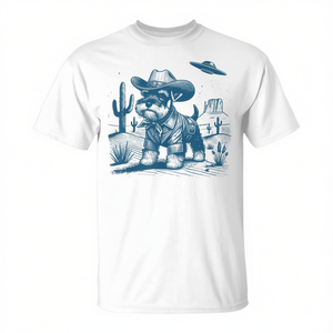 T-shirt Vintage Western Cowboy Schnauzer UFO, Abbigliamento Promozionale Stile Retrò - Product Image 2
