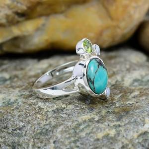 Anillo de perlas de peridoto turquesa de plata de ley hecho a mano, joyería de cristal bohemio, anillo de piedras preciosas únicas - Product Image 2