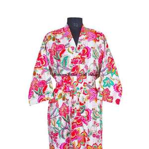 Handmade Indian Kantha Cotton <b>Kimono</b> Robe for <b>Women</b> Hand-painted Pattern Quilted Winter Jacket Reversible Knitted Lightweight - Product Image 3
