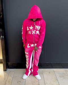 Venta al por mayor 2025 Invierno Hombres Tallas grandes Fleece Pantalones de chándal Sudadera con capucha Conjunto Distress Acid Wash Sweat Suit 480Gsm 100% Algodón - Product Image 4