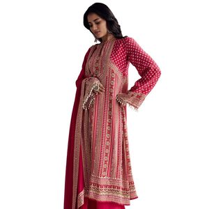 Traje de Kurta Palazzo con estampado rojo carmesí, venta al por mayor, Ropa Étnica para mujer, fábrica de ropa OEM, Proveedor de Ropa a granel, conjunto de moda personalizado - Product Image 4