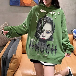เสื้อฮู้ดดี้โอเวอร์ไซส์แบบยูนิเซ็กซ์สำหรับฤดูหนาว ดีไซน์ขาดๆ แบบมีสไตล์ ตกแต่งด้วยลายพิมพ์คริสตัล ผ้าฟลีซแบบสวมหัว ทรงหลวม ซักแบบวอช เทคนิคการซักแบบพิเศษ มีซับใน - Product Image 3