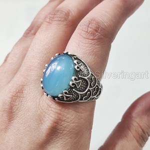Anillo de Plata de Ley 925 con Calcedonia Azul Natural, Piedra de Nacimiento, Todas las Tallas, Joyería Árabe Navideña, Recién Llegado - Product Image 2
