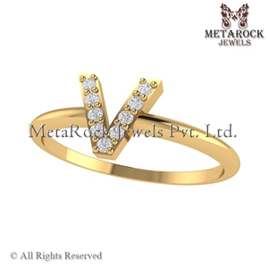 Sólido 14K oro amarillo V inicial anillo Pave diamante joyería hecha a mano A a Z minimalista letras anillo oro diamante joyería V anillo - Product Image 3