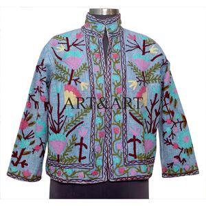 Handmade Women's Suzani <b>Quilted</b> Knitted Cotton <b>Jacket</b> Elegant Embroidery Comfortable Open Front Pockets Trendy Winter Outerwear - Product Image 1