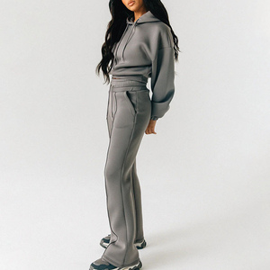 คุณภาพสูง 2 ชิ้น Sweatsuit ชุดวอร์มชุดแขนยาว Crop Hoodie ขากว้าง Flare Jogger ชุดสําหรับสตรี