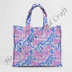 Durable Block Printed Custom Block Printed Quilted Square Quilted <b>Bags</b> With <b>Fabric</b> Handles Quilted <b>Tote</b> <b>Bags</b> For Daily Use <b>Bag</b> - Product Image 6