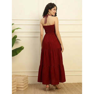 Deebaco Women's Maroon Cotton Boho Maxi <b>Dress</b> Solid Tiered A-Line Sleeveless Casual Daily Western Wear Lace Woven - Product Image 4