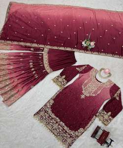 CUENTAS DE CREPÉ FANCY WORK TOP SHARARA CON DUPATTA FESTIVE WEAR PRECIO AL POR MAYOR PRENDA ÉTNICA DISEÑADOR DE COLOR ROJO PAKISATNI INDIO - Product Image 6