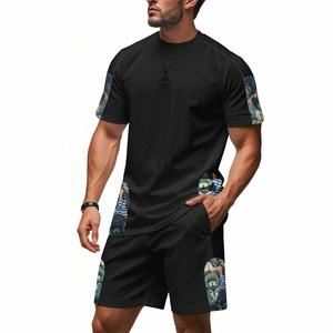 Men's Green Color Blocking Breathable Polyester/Cotton T-Shirt and Shorts <b>Set</b> Crew Neck Quick Dry <b>Knitted</b> Casual Summer Outfit - Product Image 4