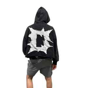 Sudaderas con capucha para hombre, 100% algodón, con efecto desgastado por el sol, corte deshilachado, lavado ácido personalizado, bajo sin rematar, apliques, parches y bordados, para invierno - Product Image 2