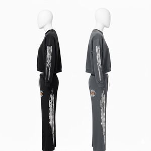 Pantalons de survêtement délavés à l'acide, jambes courtes, avec détails en strass, streetwear personnalisé, ensemble d'hiver, fermeture éclair - Product Image 3