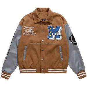 Blouson Bomber d'Hiver Personnalisé pour Homme en Laine Marron/Gris, Écologique, Coupe-Vent, Respirant, en Cuir et Toile Brodé - Product Image 1