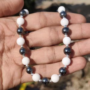 Collier statement en argent sterling avec hématite naturelle et onyx blanc, perles rondes lisses de 8 mm, noir et blanc, cadeau de mariage pour femme - Product Image 2