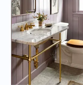 Glossy Gold Chrome Messing Badkamer Vanity Base Sink Console Combo Voor Carrara Natuur Marmeren Steen Aanrecht