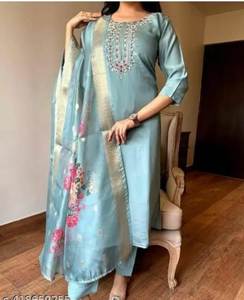 Heavy Viscose Roman Silk <b>Fabric</b> O Neck Style Hand Crated Mirror Work Knee Length South <b>Indian</b> Kurti / Kurta Set For Women Wear - Product Image 4