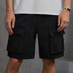 Pantalones cortos de mezclilla con bolsillo cargo negro para hombre, pantalones cortos de pierna recta de cinco puntos, pantalones cortos informales de moda de verano para hombre - Product Image 2