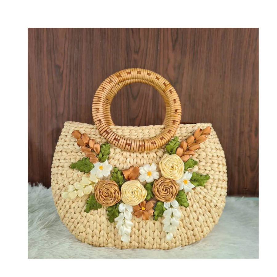 Women's Summer Straw Bucket Bag - Hand Woven Rattan Purse With Drawstring, Flower Detail