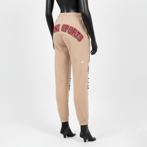 <b>Women</b> Jogger <b>Pant</b> high quality cotton poly <b>fleece</b> GSM sand color ripped knee panels chenille embroidery customlogo <b>women's</b> <b>pants</b> - Product Image 5