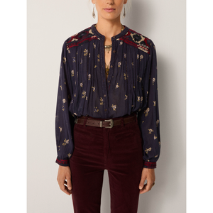 MILLA Women's <b>BLOUSE</b>-Navy Chic Korean Style Embroidered Plaid Pattern Sequined Lace S/M/L Conventional Sleeve <b>Satin</b> Chiffon Silk - Product Image 1