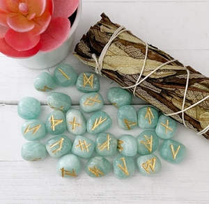 Juego de Runas de amazonita con bolsa de yute gratis, piedra de cristal, venta al por mayor, piedra grabada, runas curativas, juego de 25 piezas - Product Image 5