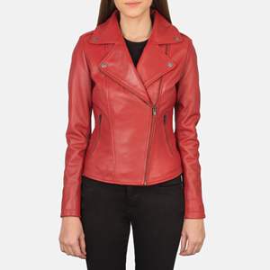 Veste de motard rouge en cuir véritable peau de mouton avec fermeture éclair et poches intérieures et extérieures - Product Image 1
