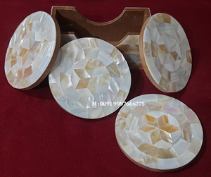 <b>Round</b> Shape Natural Wooden Mother Of Pearl Coaster Set Handmade Design Work Used For Tea Cup In Restaurant Best Price Range - Product Image 3
