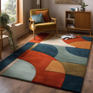 Alfombra de área colorida de estilo retro moderno |   Alfombra con Patrón de Bloques Geométricos en Rojo, Amarillo, Azul y Crema, Alfombra Boho de Lana Hecha a Mano - Product Image 4