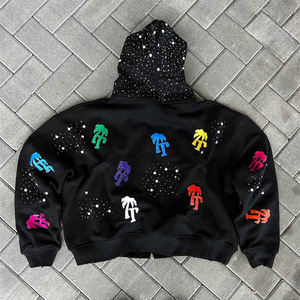 Sudadera con Capucha y Pantalones Deportivos Personalizados con Perlas y Pedrería, Ropa Urbana 100% Algodón Felpa, Sudadera con Capucha de Hombros Caídos y Pantalones Deportivos de Cintura Doble Acampanados - Product Image 5