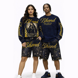 Ensemble T-shirt et short en jean pour homme, coupe ample, délavé à l'acide, col rond, ourlet brut, strass, tenue en jean - Product Image 4