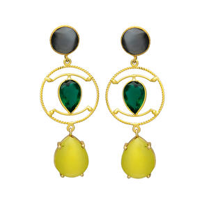 New Arrival Gold Plated Unique Design Dangle Earrings With Emerald Hydro Gemstone Brass Earrings - Product Image 1
