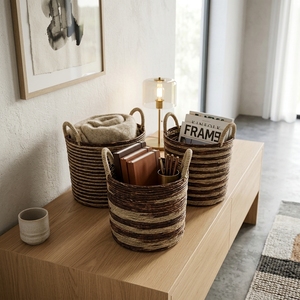 Ensemble de paniers de rangement en jonc de mer naturel, rayé marron beige, avec poignée en arche cylindrique, pot de fleurs, organisateur, décoration d'intérieur, Pure Art - Product Image 6