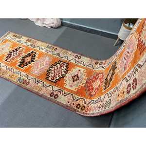 Turkish <b>Rug</b>, 2.7x12.2 ft <b>Runner</b> Vintage <b>Rug</b>, Herki Orange Brown Solid <b>Rug</b> - Product Image 3