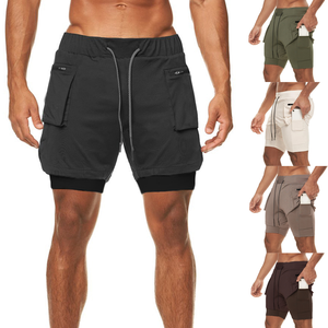 High Elasticity Breathable Solid Color Zipper Pocket 2 in 1 Gym Cargo Shorts for Men - Product Image 1