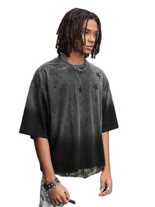 Black Acid Wash Custom Star Print Oversized <b>Men's</b> T-Shirts Rhinestone <b>Studs</b> Custom Streetwear Top Fashion Loose Fit T Shirts - Product Image 5