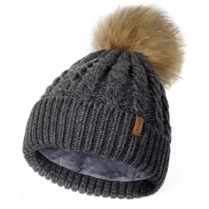 Haute qualité 100% coton Bobble Beanie chapeaux pour femmes hiver chaud épais tricot Logo personnalisé fausse fourrure Pom Pom 3D broderie - Product Image 5