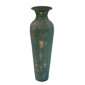 <b>Vintage</b> distressed metal flower <b>vase</b> with tall ribbed design and Patina home decor accent - Product Image 1