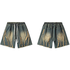 กางเกงยีนส์วินเทจแบบเย็บปะติดมีซิปสำหรับผู้ชายกางเกงขาสั้นผ้าฝ้ายผ้ายีนส์วินเทจแบบออกแบบได้ตามต้องการ - Product Image 4