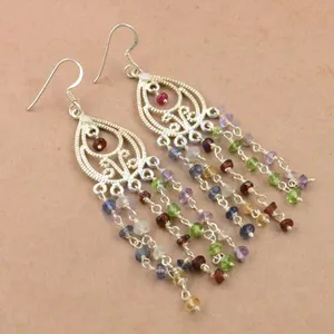 Boucles d'oreilles pendantes vintage bohèmes en alliage d'argent avec pampilles et pierres naturelles, accessoire de bijoux unisexe pour soirée - Product Image 1