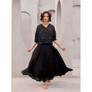 Bohemian Bow Collar <b>Top</b> <b>and</b> <b>Skirt</b> Set-Woven Cotton Blend Summer Autumn Casual - Product Image 2