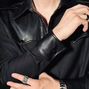 Chemises en cuir véritable tendance pour hommes, streetwear personnalisé haut de gamme, manches longues, vente en gros, chemise en cuir véritable hip-hop - Product Image 3